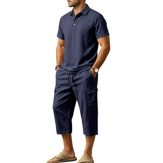 Men Summer Linen Set Loose Shirt and Cargo Shorts Two Piece Outfit