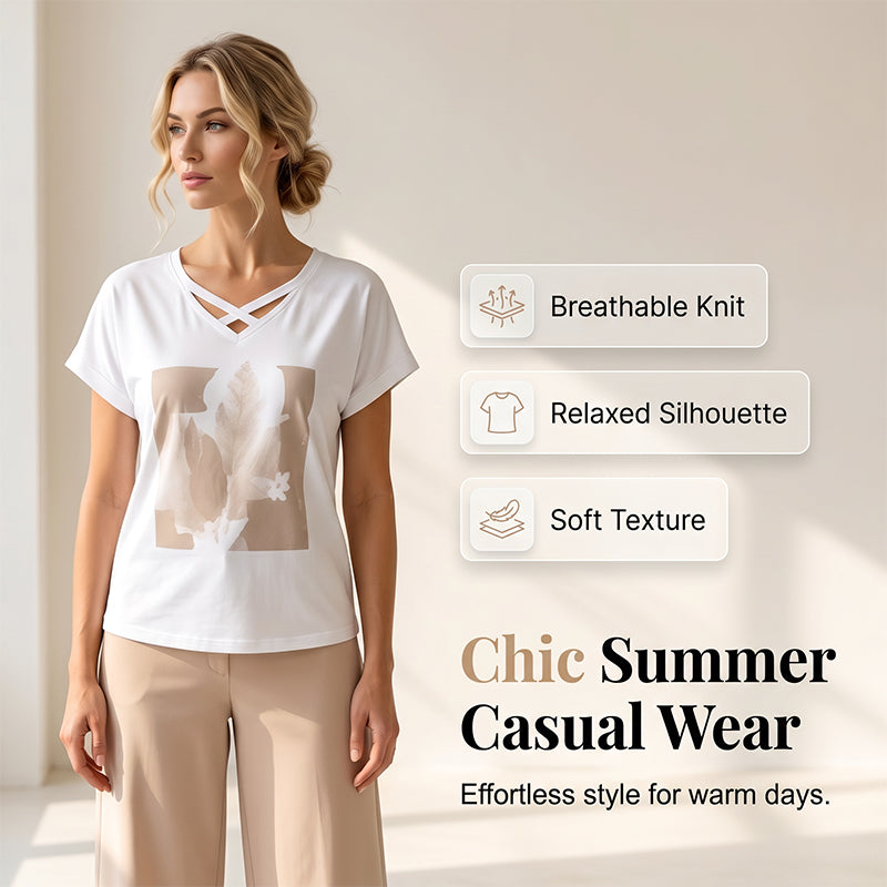 ⏰Women Casual Two Piece Set V Neck Tee and Cropped Pants