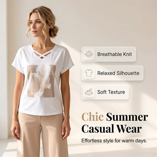 ⏰Women Casual Two Piece Set V Neck Tee and Cropped Pants