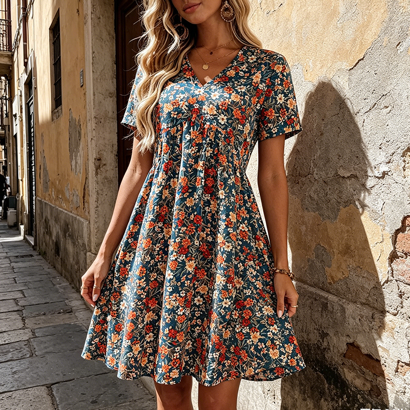 Women's Summer Floral V-Neck Short Sleeve Dress