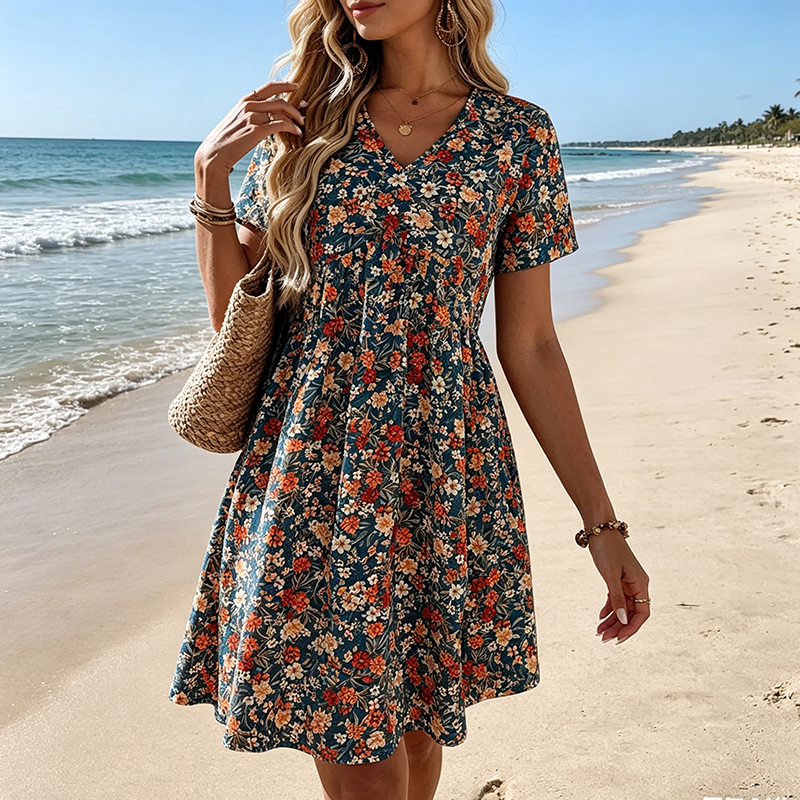 Women's Summer Floral V-Neck Short Sleeve Dress