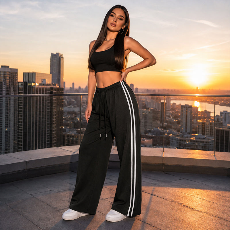 Women's  Chic Striped Drawstring Track Pants, Retro Straight-Leg Polyester Casual Pants for Gym Activewear, Drawstring Pants, Long Pants