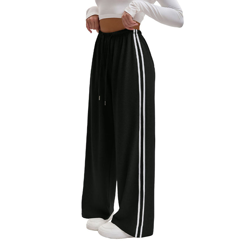 Women's  Chic Striped Drawstring Track Pants, Retro Straight-Leg Polyester Casual Pants for Gym Activewear, Drawstring Pants, Long Pants