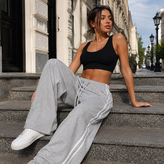 Women's  Chic Striped Drawstring Track Pants, Retro Straight-Leg Polyester Casual Pants for Gym Activewear, Drawstring Pants, Long Pants