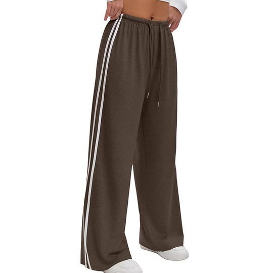 Women's  Chic Striped Drawstring Track Pants, Retro Straight-Leg Polyester Casual Pants for Gym Activewear, Drawstring Pants, Long Pants