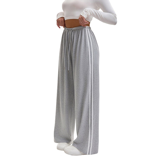 Women's  Chic Striped Drawstring Track Pants, Retro Straight-Leg Polyester Casual Pants for Gym Activewear, Drawstring Pants, Long Pants