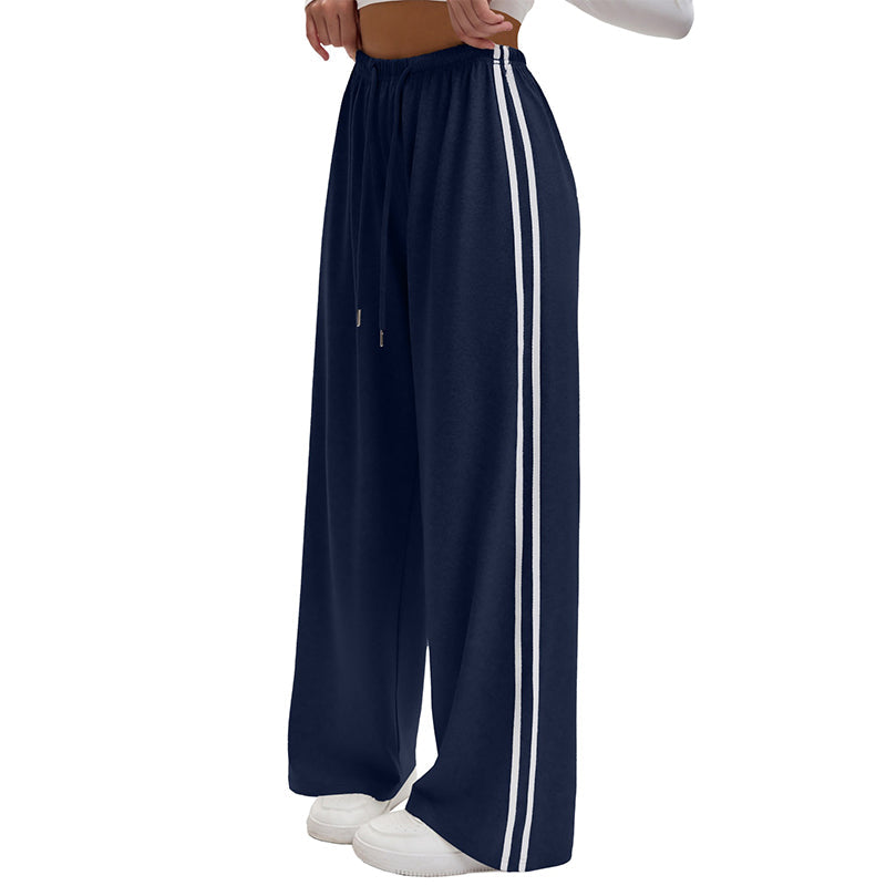 Women's  Chic Striped Drawstring Track Pants, Retro Straight-Leg Polyester Casual Pants for Gym Activewear, Drawstring Pants, Long Pants