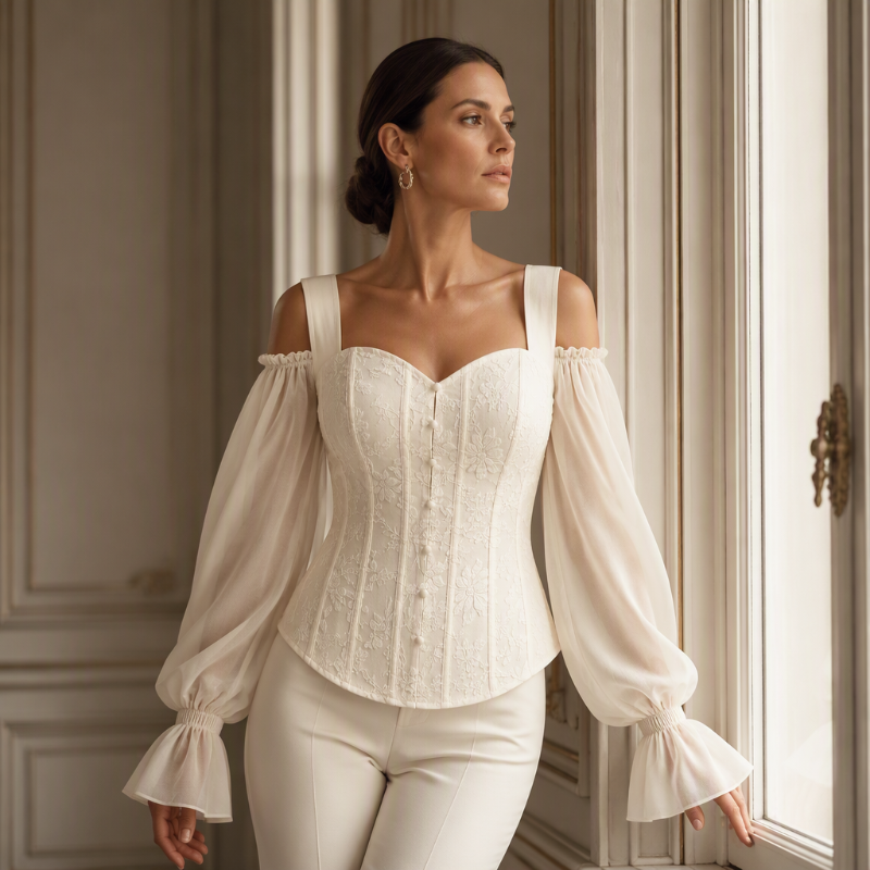 ✨ Women's Cold Shoulder Floral Jacquard Top – Elegant Corset Fit With Romantic Lantern Sleeves 🌸