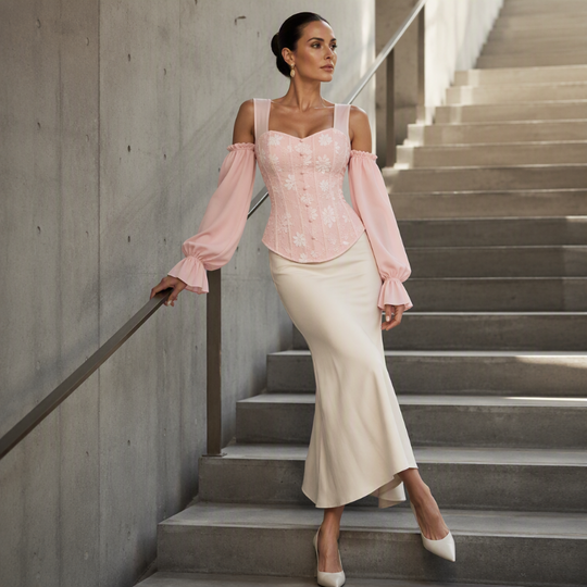✨ Women's Cold Shoulder Floral Jacquard Top – Elegant Corset Fit With Romantic Lantern Sleeves 🌸
