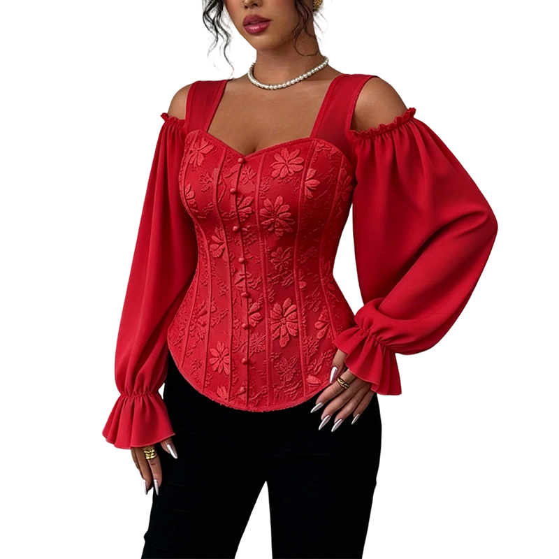 ✨ Women's Cold Shoulder Floral Jacquard Top – Elegant Corset Fit With Romantic Lantern Sleeves 🌸