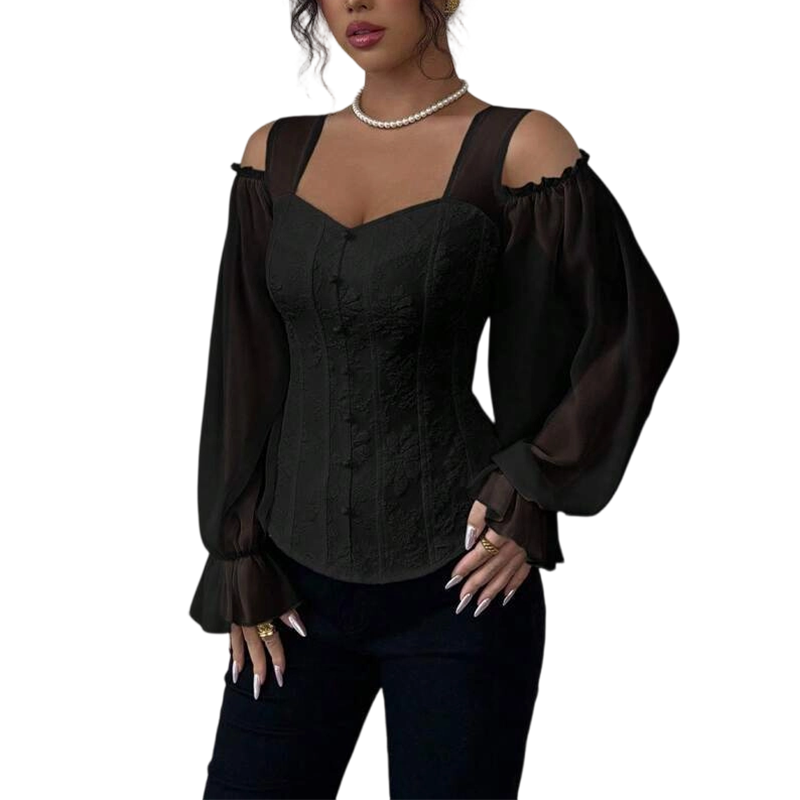 ✨ Women's Cold Shoulder Floral Jacquard Top – Elegant Corset Fit With Romantic Lantern Sleeves 🌸