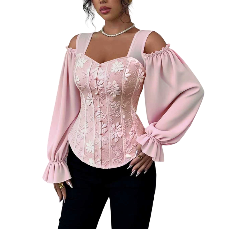 ✨ Women's Cold Shoulder Floral Jacquard Top – Elegant Corset Fit With Romantic Lantern Sleeves 🌸