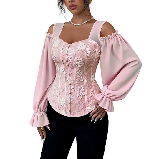 ✨ Women's Cold Shoulder Floral Jacquard Top – Elegant Corset Fit With Romantic Lantern Sleeves 🌸