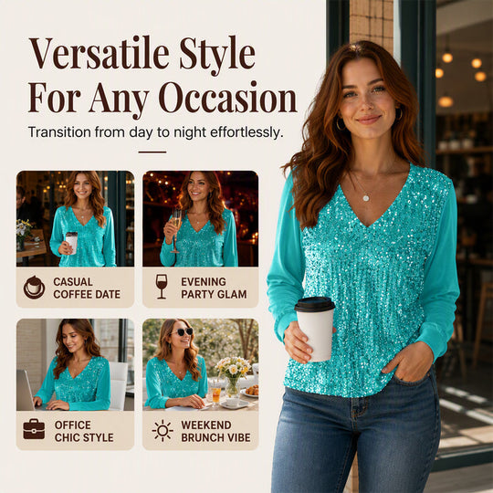 Trending Now✨ Elegant Sequin V-Neck Top – Shimmering Detail for Effortless Party Glam