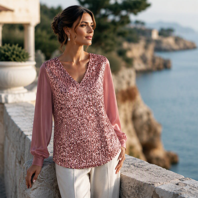 Trending Now✨ Elegant Sequin V-Neck Top – Shimmering Detail for Effortless Party Glam