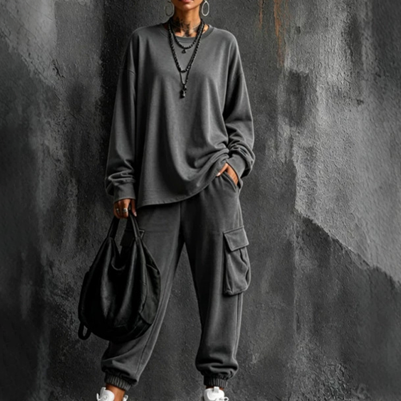 Women's Casual Crew Neck Top & Cargo Pants Set