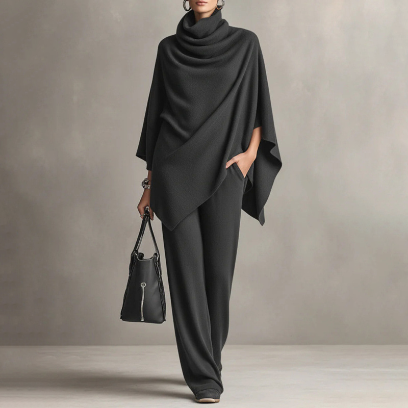 🌸 New Arrival | Women's Cowl-Neck Cape & Wide-Leg Pants 2-Piece Set