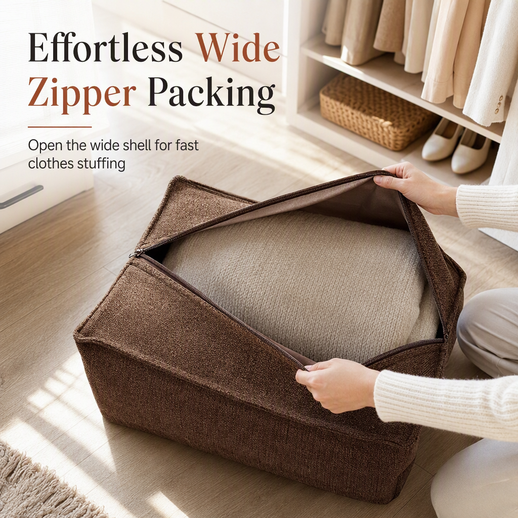 🪑✨ Clothes Storage Ottoman – 50% OFF! Effortless wide-zip packing, robust stitching, 45x45x23cm – tidy rooms, comfy seat. 🧵