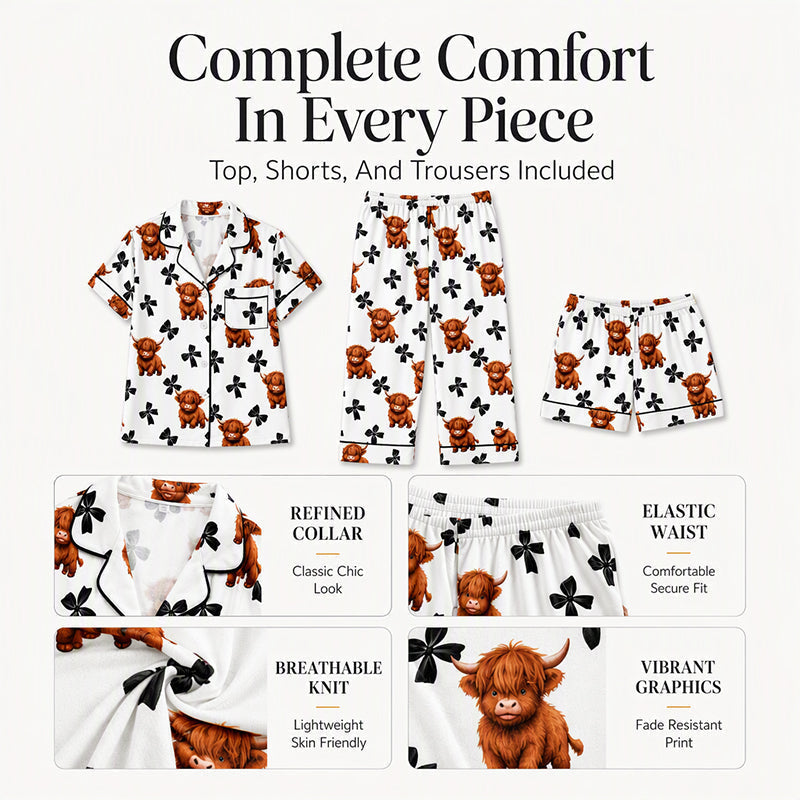 🐮 50% OFF | Women's 3-Piece Cute Print Pajama Set – Top, Shorts & Trousers