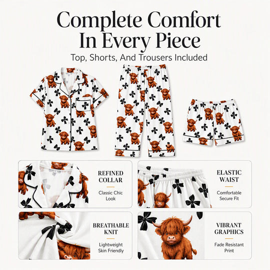 🐮 50% OFF | Women's 3-Piece Cute Print Pajama Set – Top, Shorts & Trousers
