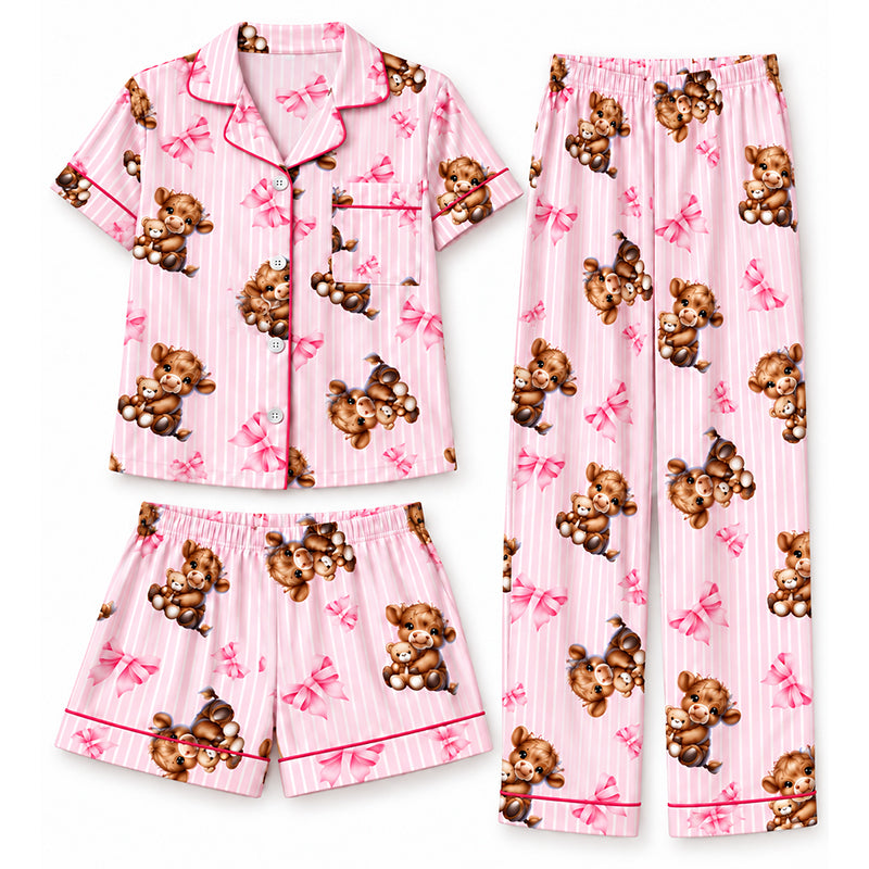 🐮 50% OFF | Women's 3-Piece Cute Print Pajama Set – Top, Shorts & Trousers