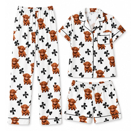 🐮 50% OFF | Women's 3-Piece Cute Print Pajama Set – Top, Shorts & Trousers