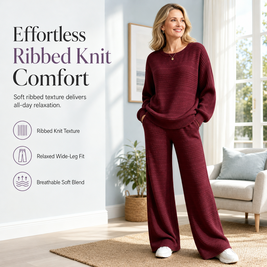 🌸Hot Sale 50% OFF💖Women's Autumn Winter Ribbed Knit Two Piece Set - Casual Long Sleeve Top and Wide Leg Pants