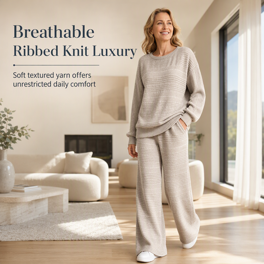 🌸Hot Sale 50% OFF💖Women's Autumn Winter Ribbed Knit Two Piece Set - Casual Long Sleeve Top and Wide Leg Pants