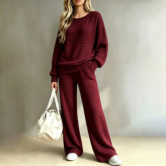 🌸Hot Sale 50% OFF💖Women's Autumn Winter Ribbed Knit Two Piece Set - Casual Long Sleeve Top and Wide Leg Pants