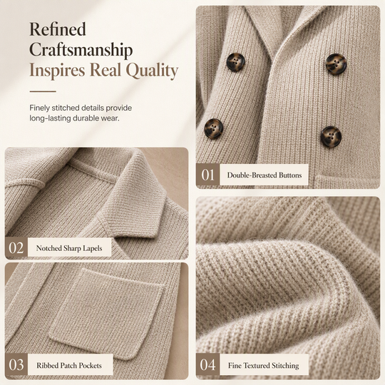 Women's Double-Breasted Ribbed Knit Cardigan with Pockets and Notched Lapel