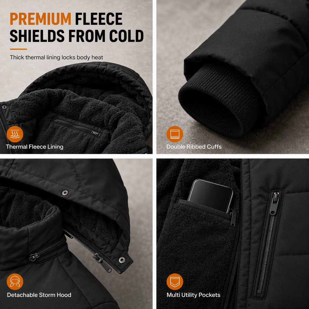 Men's Winter Fleece Lined Coat with Detachable Hood