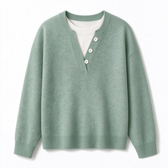 Casual Mock Two Piece V Neck Knit Sweater with Button Details