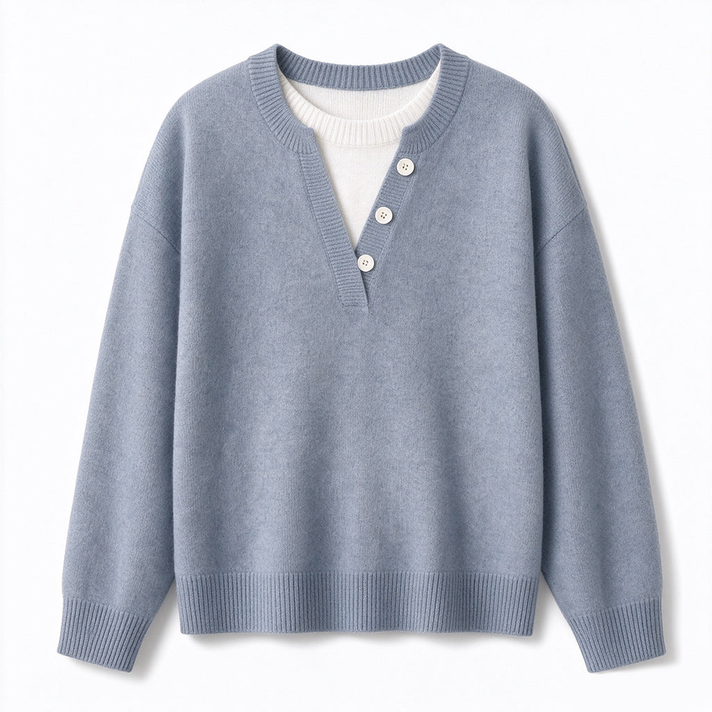 Casual Mock Two Piece V Neck Knit Sweater with Button Details