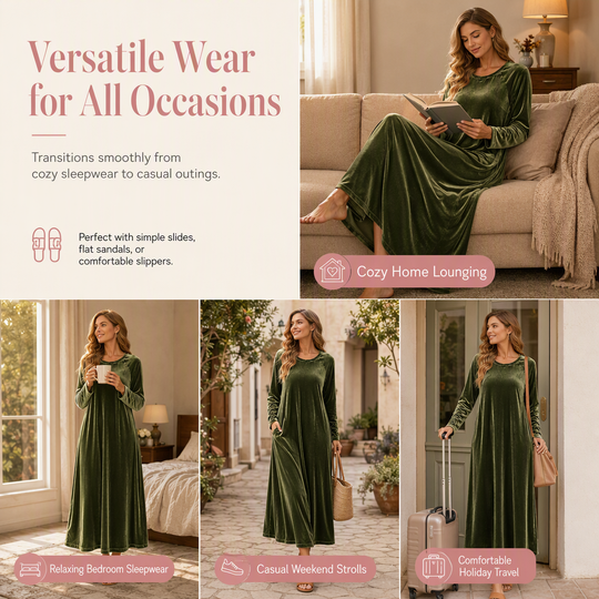 Women's Casual Velvet Crew Neck Dress with Pockets
