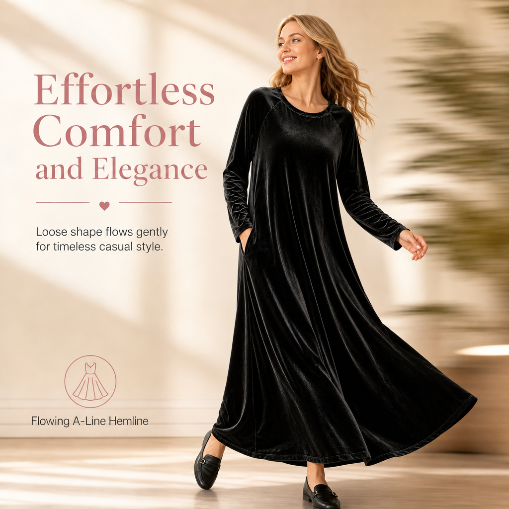 Women's Casual Velvet Crew Neck Dress with Pockets