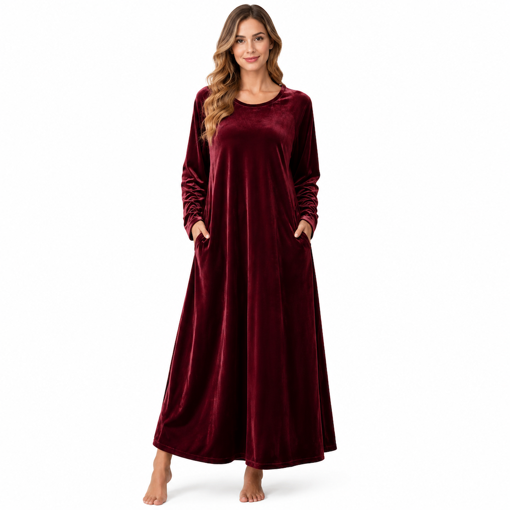 Women's Casual Velvet Crew Neck Dress with Pockets