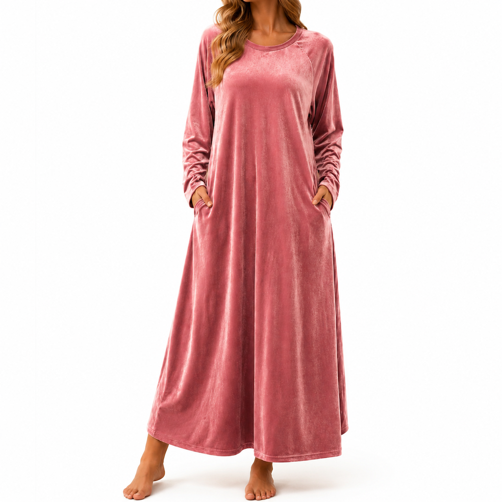 Women's Casual Velvet Crew Neck Dress with Pockets