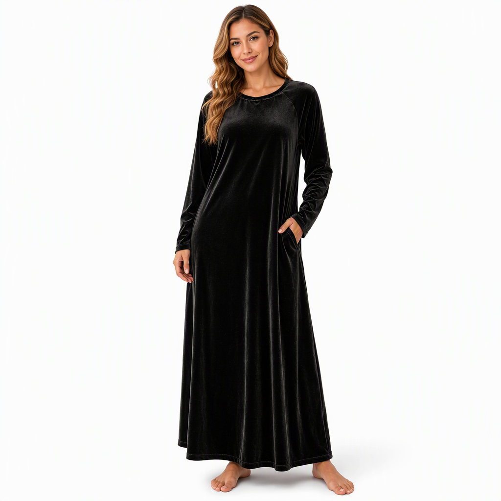 Women's Casual Velvet Crew Neck Dress with Pockets
