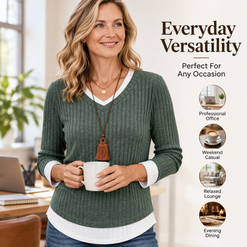 Women's 2-in-1 Layered V-Neck Ribbed Knit Top