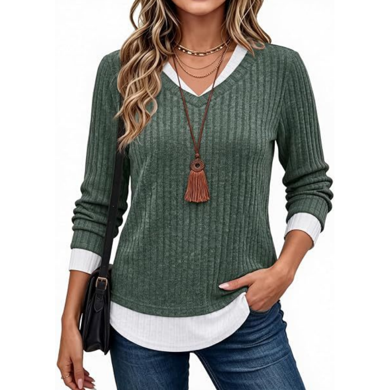 Women's 2-in-1 Layered V-Neck Ribbed Knit Top