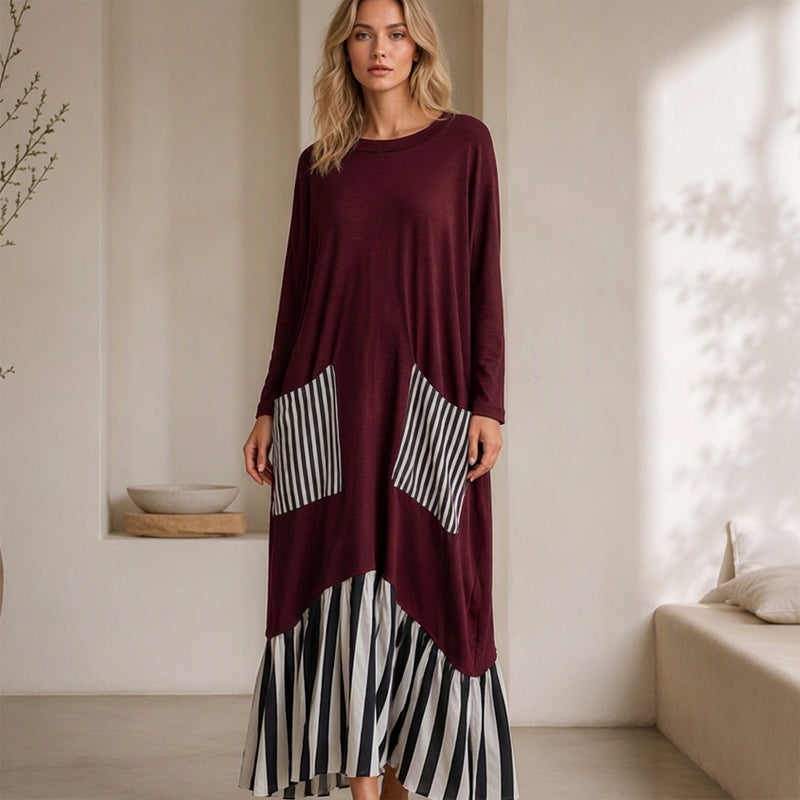 ✨Women's Striped Patchwork Long Sleeve Maxi Dress