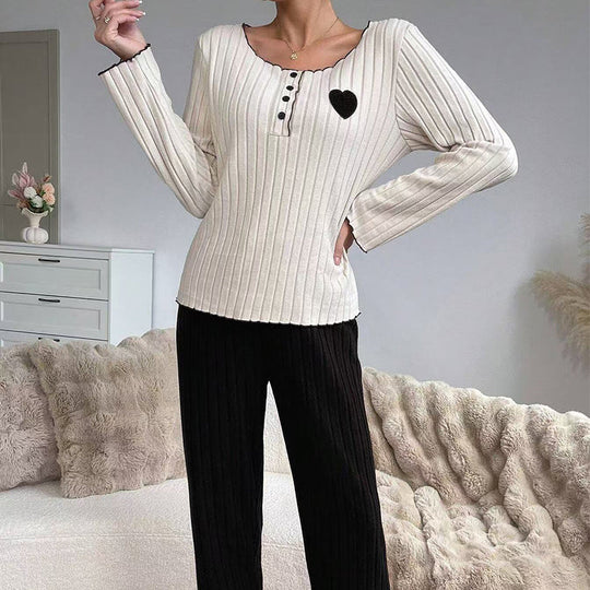 Women's Heart Embroidery Ribbed Pajama Set