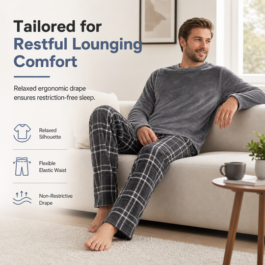Men's Soft Plush Knit Loungewear Pajama Set with Solid Crewneck Top and Plaid Pants