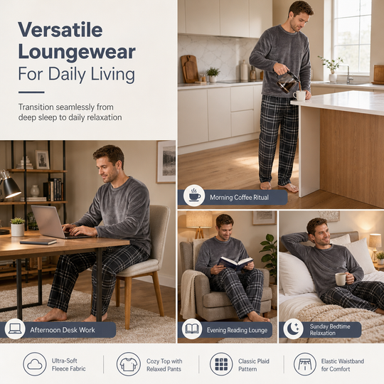 Men's Soft Plush Knit Loungewear Pajama Set with Solid Crewneck Top and Plaid Pants