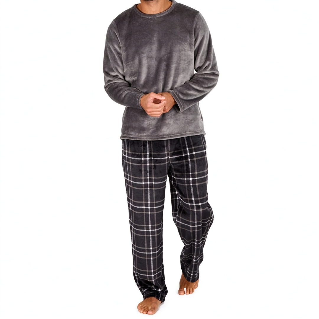 Men's Soft Plush Knit Loungewear Pajama Set with Solid Crewneck Top and Plaid Pants