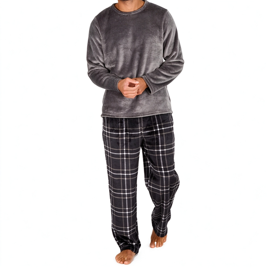 Men's Soft Plush Knit Loungewear Pajama Set with Solid Crewneck Top and Plaid Pants