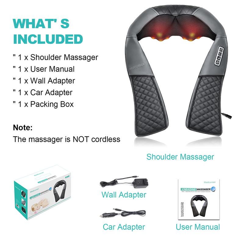 Medcursor mothersdaygift Neck & Shoulder Massager with Heat Shiatsu 16 Deep-Kneading Nodes Adjustable Intensity Portable for Muscle Relaxation Ideal