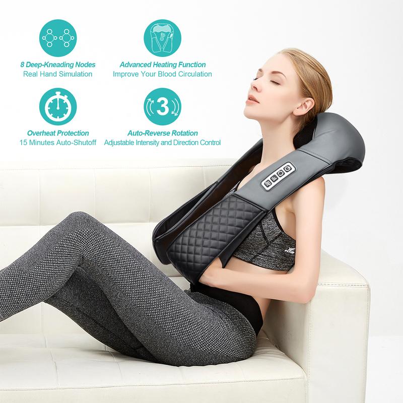 Medcursor mothersdaygift Neck & Shoulder Massager with Heat Shiatsu 16 Deep-Kneading Nodes Adjustable Intensity Portable for Muscle Relaxation Ideal