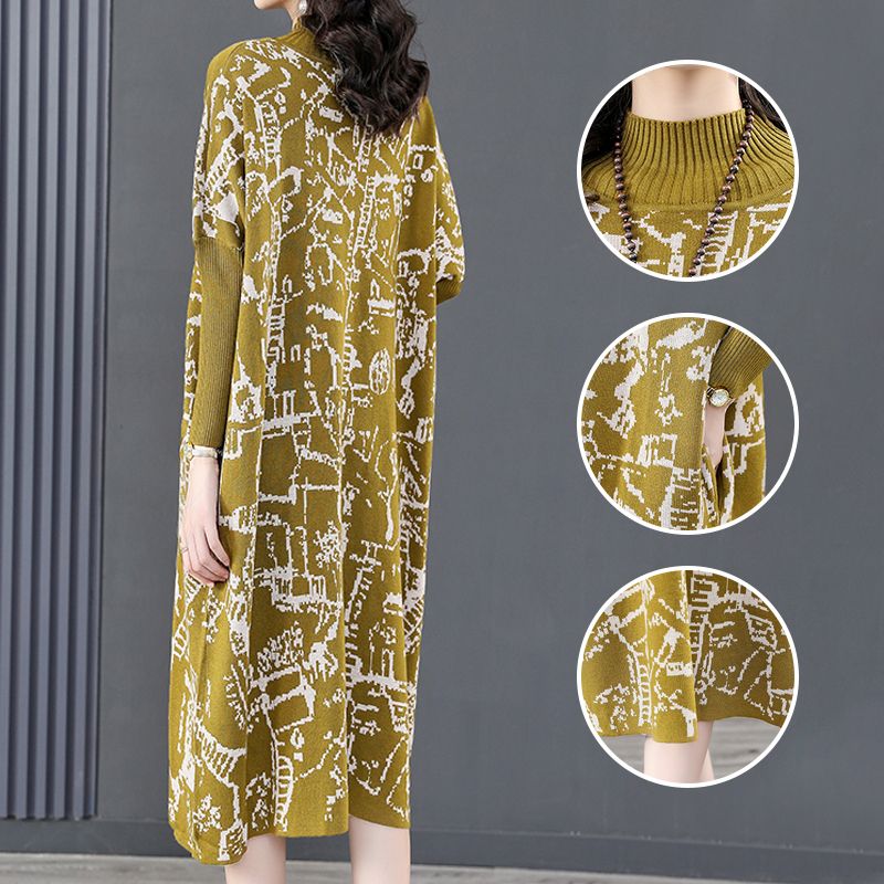 Long-sleeved Semi-turtleneck Loose Printed Knit Dress