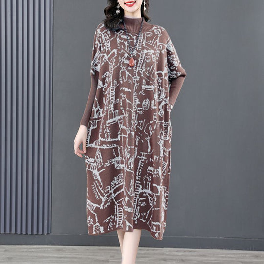Long-sleeved Semi-turtleneck Loose Printed Knit Dress
